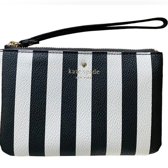 Kate Spade Black & White Stripe Coated Canvas Wristlet NWOT - Picture 2 of 7